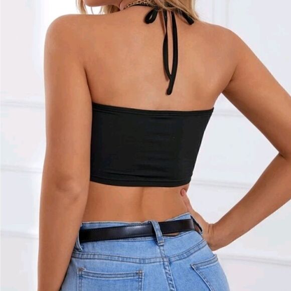 Black Contrast Lace Halter Top S(4) - Picture 2 of 6